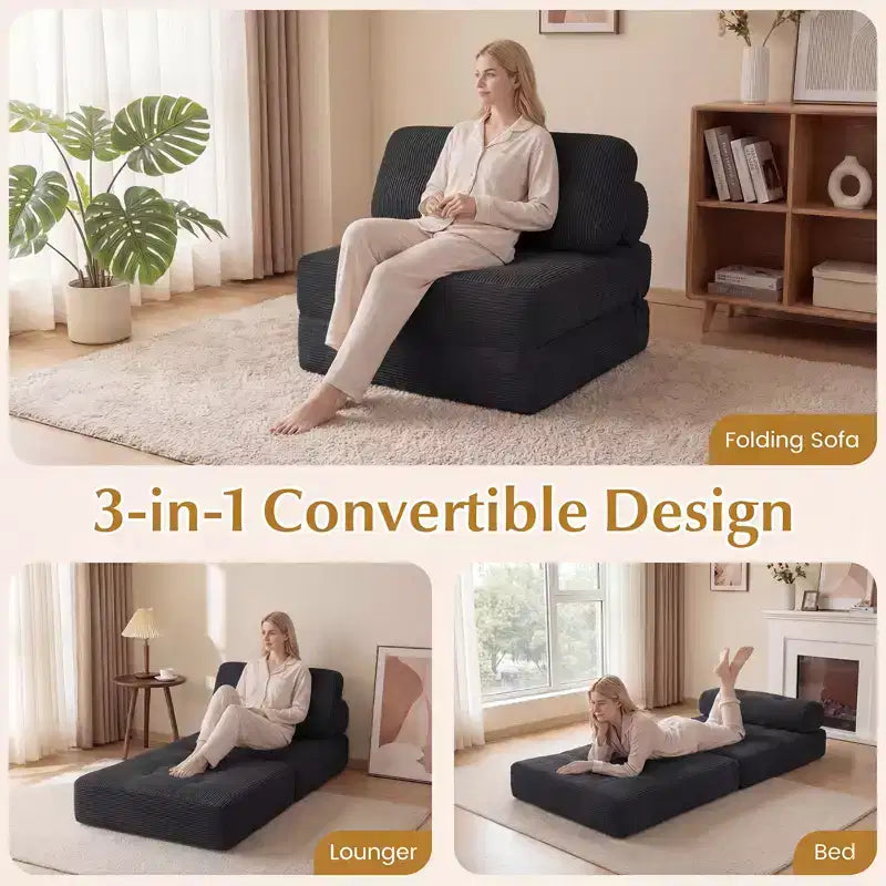Divano Letto Pieghevole Costway, Poltrona Letto Convertibile con Schienale a Cuscino, Rivestimento in Velluto a Coste Beige/Nero/Grigio/Blu Scuro/Rosa