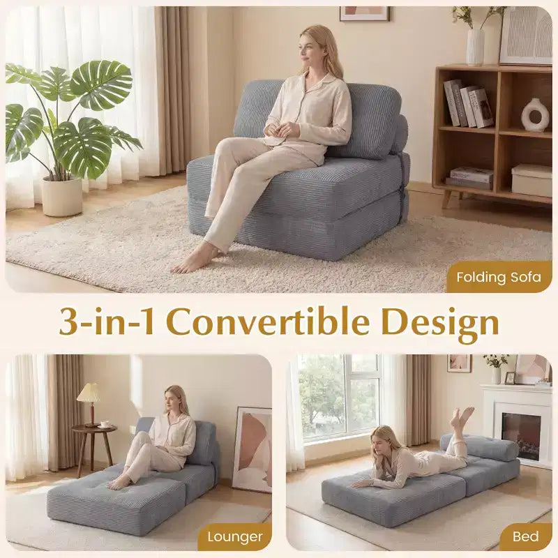 Divano Letto Pieghevole Costway, Poltrona Letto Convertibile con Schienale a Cuscino, Rivestimento in Velluto a Coste Beige/Nero/Grigio/Blu Scuro/Rosa