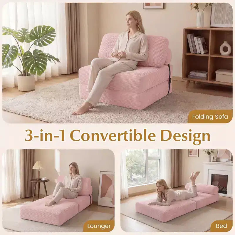Divano Letto Pieghevole Costway, Poltrona Letto Convertibile con Schienale a Cuscino, Rivestimento in Velluto a Coste Beige/Nero/Grigio/Blu Scuro/Rosa