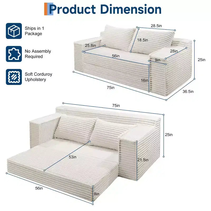 Divano Letto Loveseat da 75 Pollici, Divano Letto Futon Convertibile con 2 Cuscini, Divano Estraibile Senza Telaio per Soggiorno Camera da Letto, Nessun Montaggio