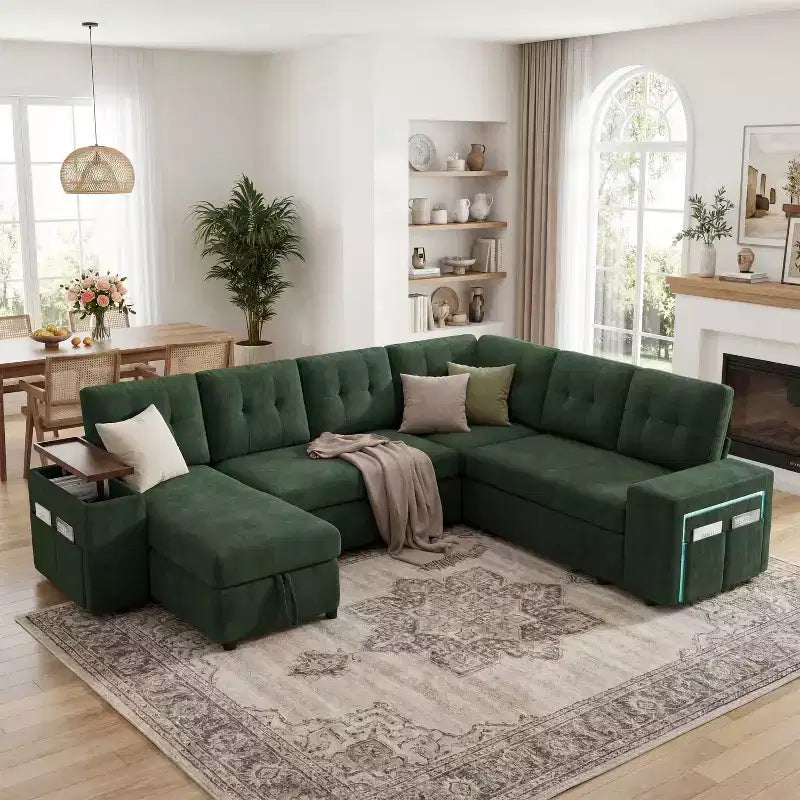 Divano letto componibile modulare Dyonery 112 con letto estraibile, divano componibile a U con contenitore, divani con seduta extra ampia e profonda per soggiorno