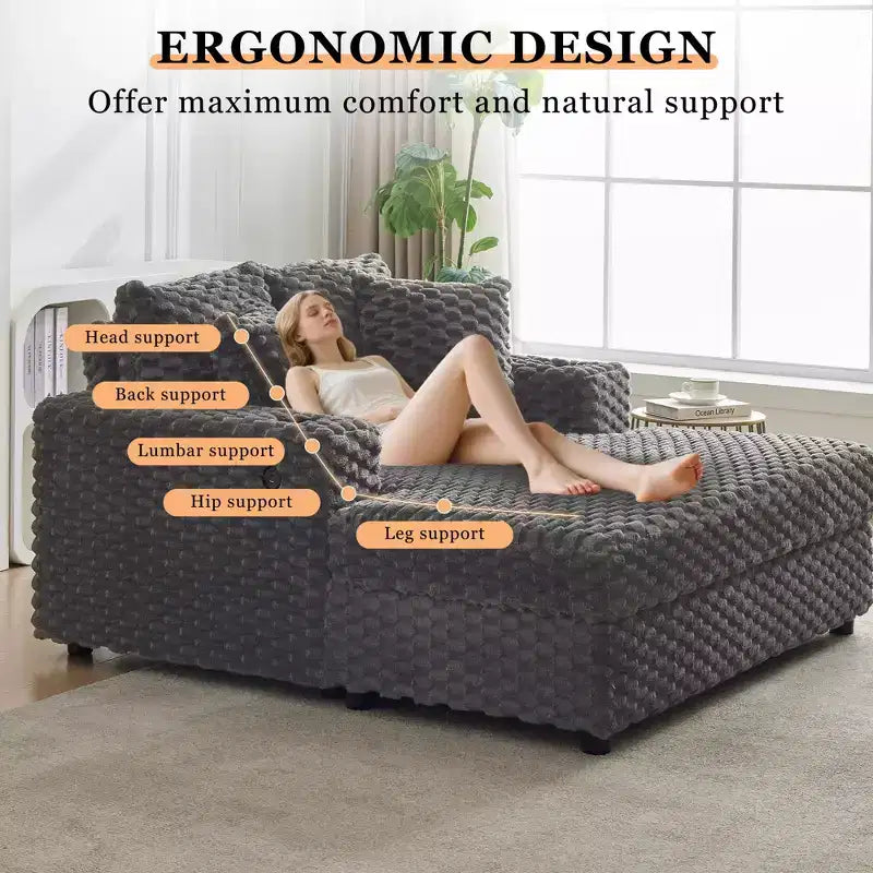 Poltrona lounge oversize da 60 pollici per interni con portabicchieri e porte USB, divano letto imbottito per la lettura - Grigio