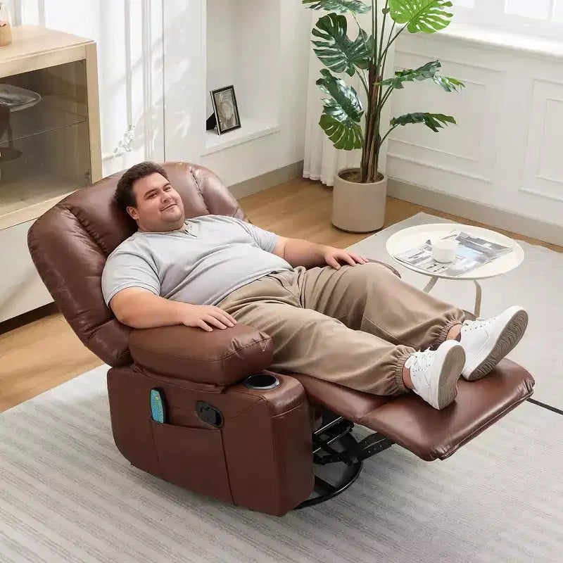 Poltrona Reclinabile Girevole a 360° con Massaggio e Riscaldamento, Recliner Oversize in Pelle PU con Tasche Laterali e Portabicchieri per Soggiorno, Cameretta