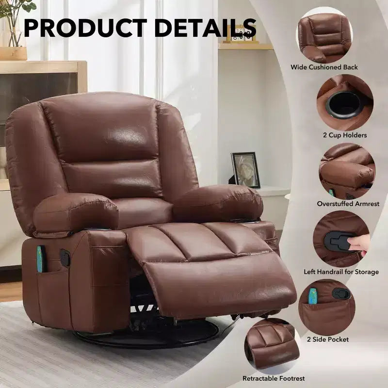 Poltrona Reclinabile Girevole a 360° con Massaggio e Riscaldamento, Recliner Oversize in Pelle PU con Tasche Laterali e Portabicchieri per Soggiorno, Cameretta