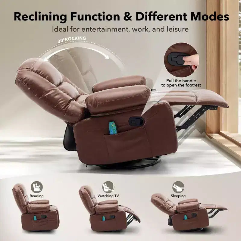 Poltrona Reclinabile Girevole a 360° con Massaggio e Riscaldamento, Recliner Oversize in Pelle PU con Tasche Laterali e Portabicchieri per Soggiorno, Cameretta