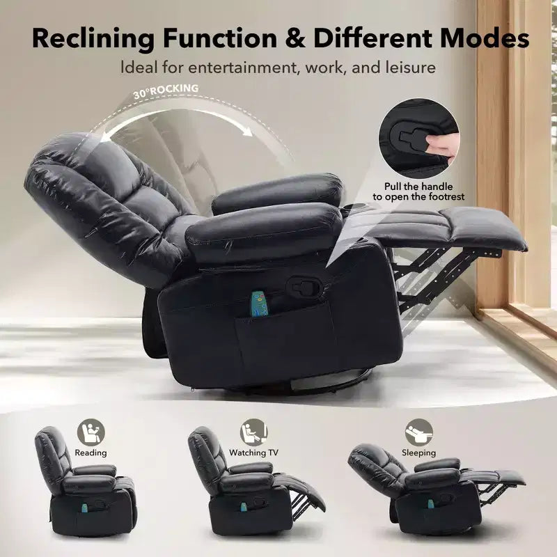 Poltrona Reclinabile Girevole a 360° con Massaggio e Riscaldamento, Recliner Oversize in Pelle PU con Tasche Laterali e Portabicchieri per Soggiorno, Cameretta
