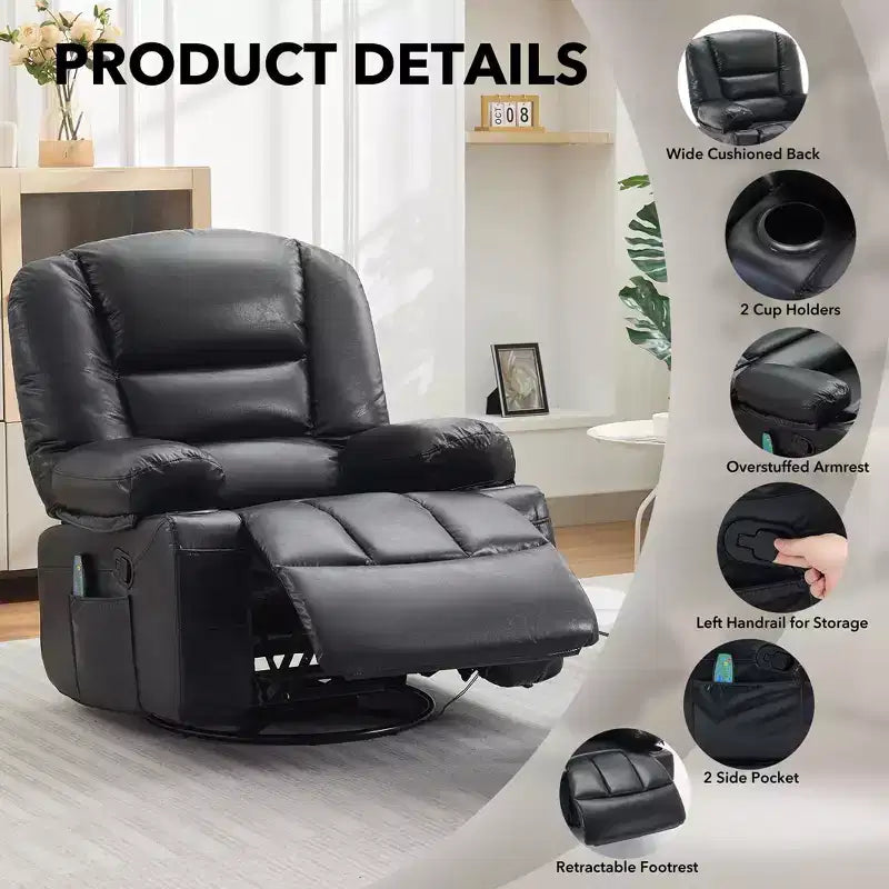 Poltrona Reclinabile Girevole a 360° con Massaggio e Riscaldamento, Recliner Oversize in Pelle PU con Tasche Laterali e Portabicchieri per Soggiorno, Cameretta