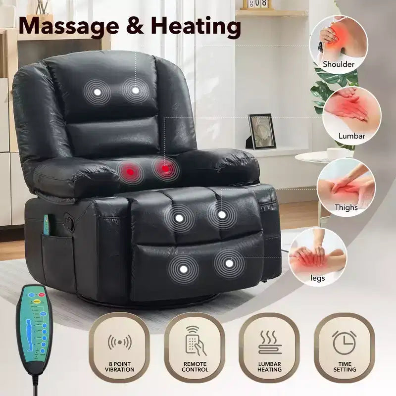 Poltrona Reclinabile Girevole a 360° con Massaggio e Riscaldamento, Recliner Oversize in Pelle PU con Tasche Laterali e Portabicchieri per Soggiorno, Cameretta