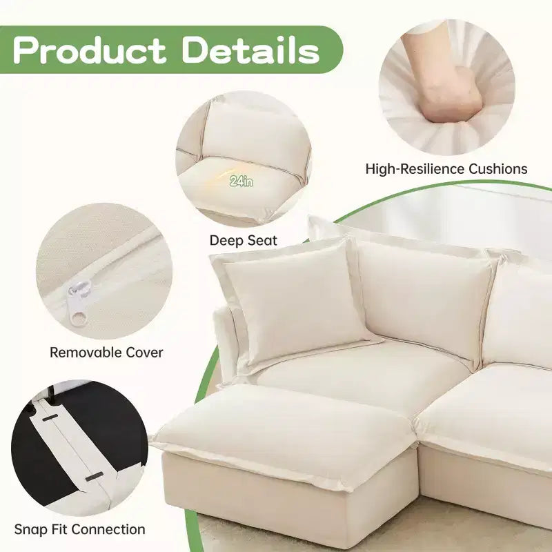 Comodo divano componibile a L, divano nuvola oversize con pouf convertibile per soggiorno