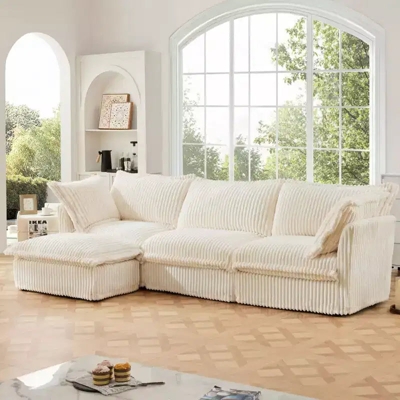 Comodo divano componibile a L, divano nuvola oversize con pouf convertibile per soggiorno