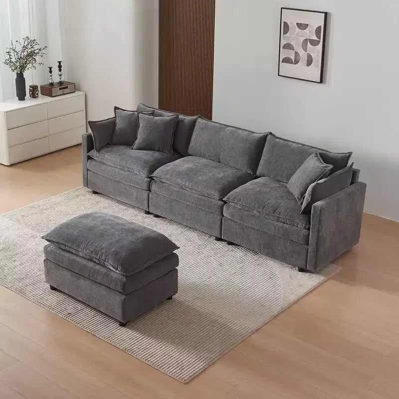 Divano sezionale modulare a L MAYEERTY 108 pollici in ciniglia beige con pouf per soggiorno