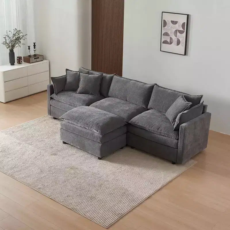 Divano sezionale modulare a L MAYEERTY 108 pollici in ciniglia beige con pouf per soggiorno