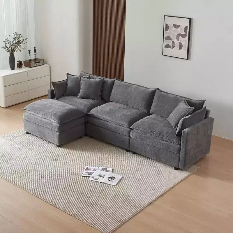 Divano sezionale modulare a L MAYEERTY 108 pollici in ciniglia beige con pouf per soggiorno