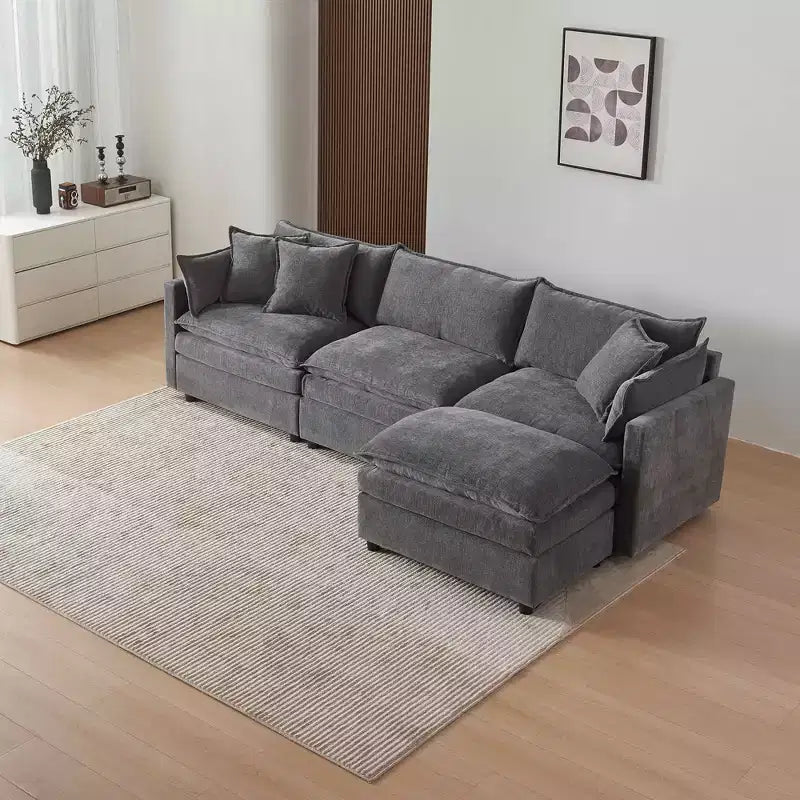 Divano sezionale modulare a L MAYEERTY 108 pollici in ciniglia beige con pouf per soggiorno