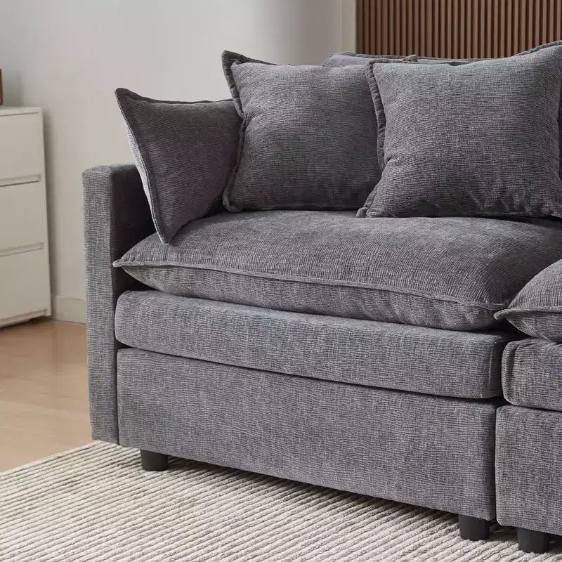 Divano sezionale modulare a L MAYEERTY 108 pollici in ciniglia beige con pouf per soggiorno