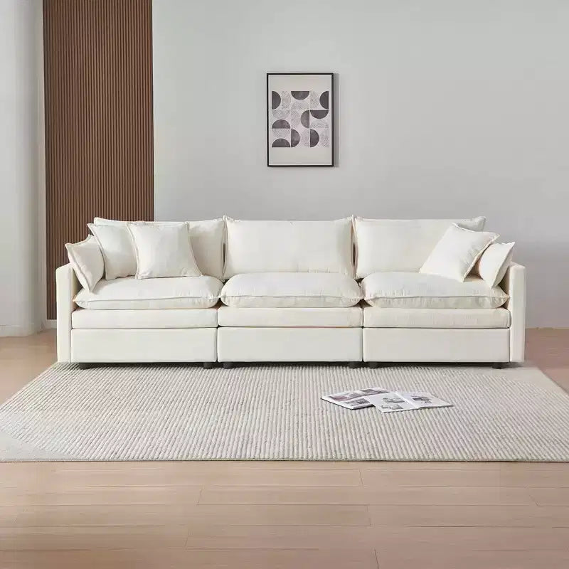 Divano sezionale modulare a L MAYEERTY 108 pollici in ciniglia beige con pouf per soggiorno