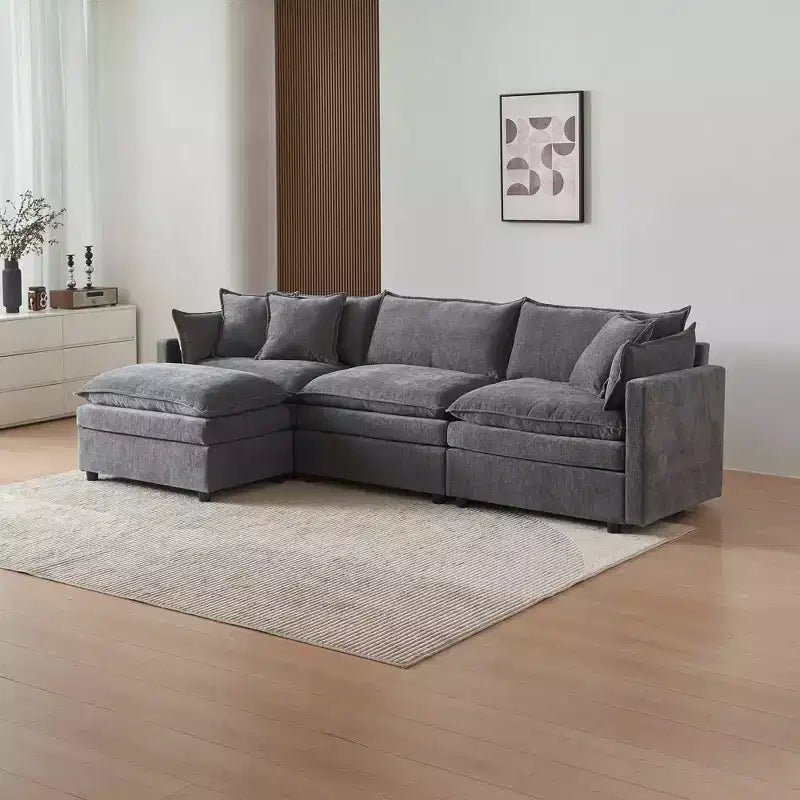 Divano sezionale modulare a L MAYEERTY 108 pollici in ciniglia beige con pouf per soggiorno