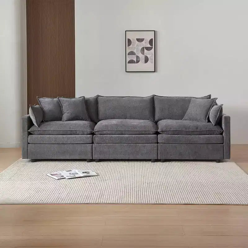 Divano sezionale modulare a L MAYEERTY 108 pollici in ciniglia beige con pouf per soggiorno