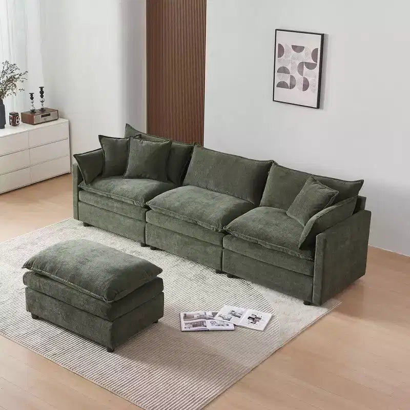 Divano sezionale modulare a L MAYEERTY 108 pollici in ciniglia beige con pouf per soggiorno