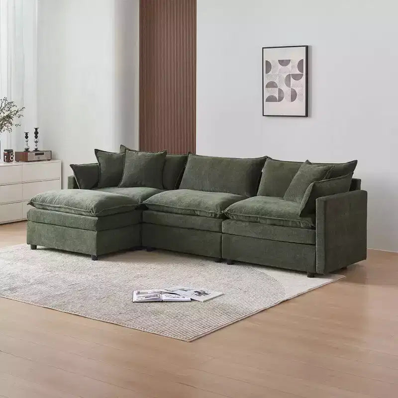 Divano sezionale modulare a L MAYEERTY 108 pollici in ciniglia beige con pouf per soggiorno