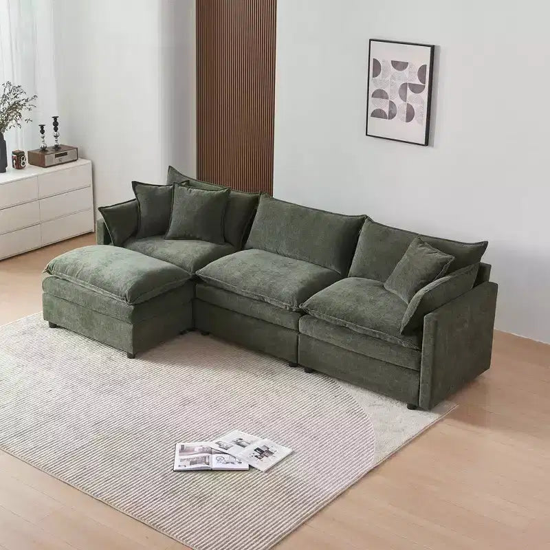 Divano sezionale modulare a L MAYEERTY 108 pollici in ciniglia beige con pouf per soggiorno