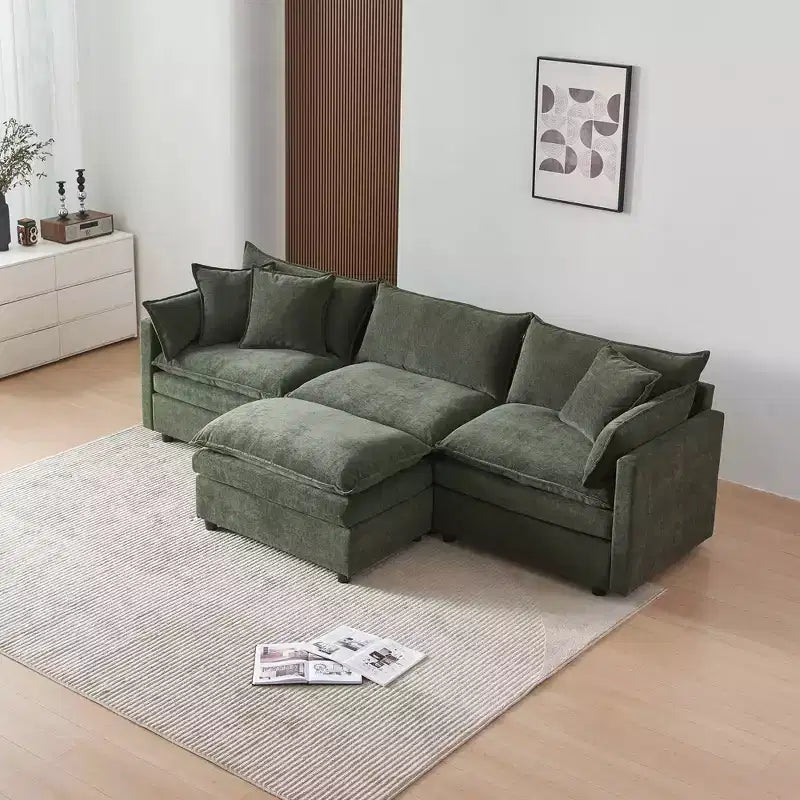 Divano sezionale modulare a L MAYEERTY 108 pollici in ciniglia beige con pouf per soggiorno