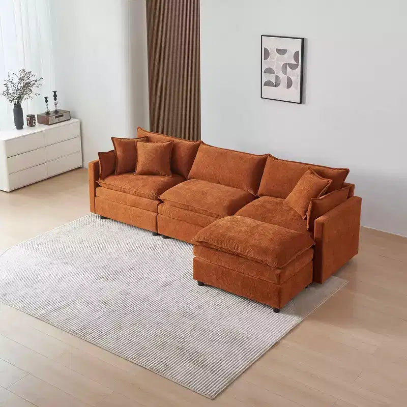 Divano sezionale modulare a L MAYEERTY 108 pollici in ciniglia beige con pouf per soggiorno