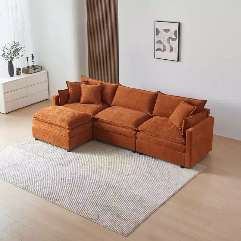 Divano sezionale modulare a L MAYEERTY 108 pollici in ciniglia beige con pouf per soggiorno