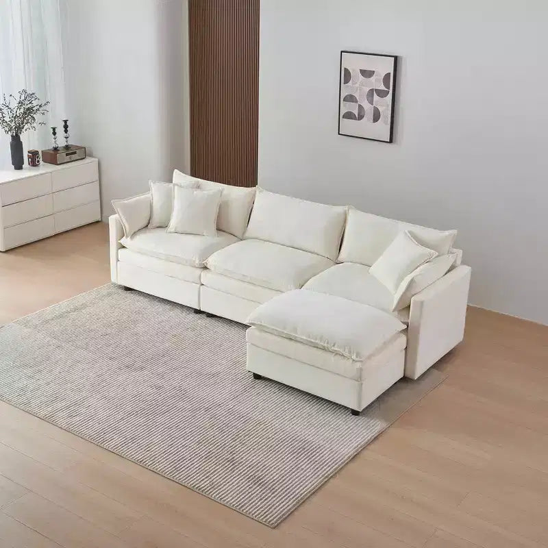 Divano sezionale modulare a L MAYEERTY 108 pollici in ciniglia beige con pouf per soggiorno