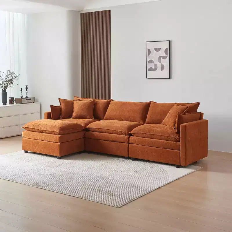 Divano sezionale modulare a L MAYEERTY 108 pollici in ciniglia beige con pouf per soggiorno