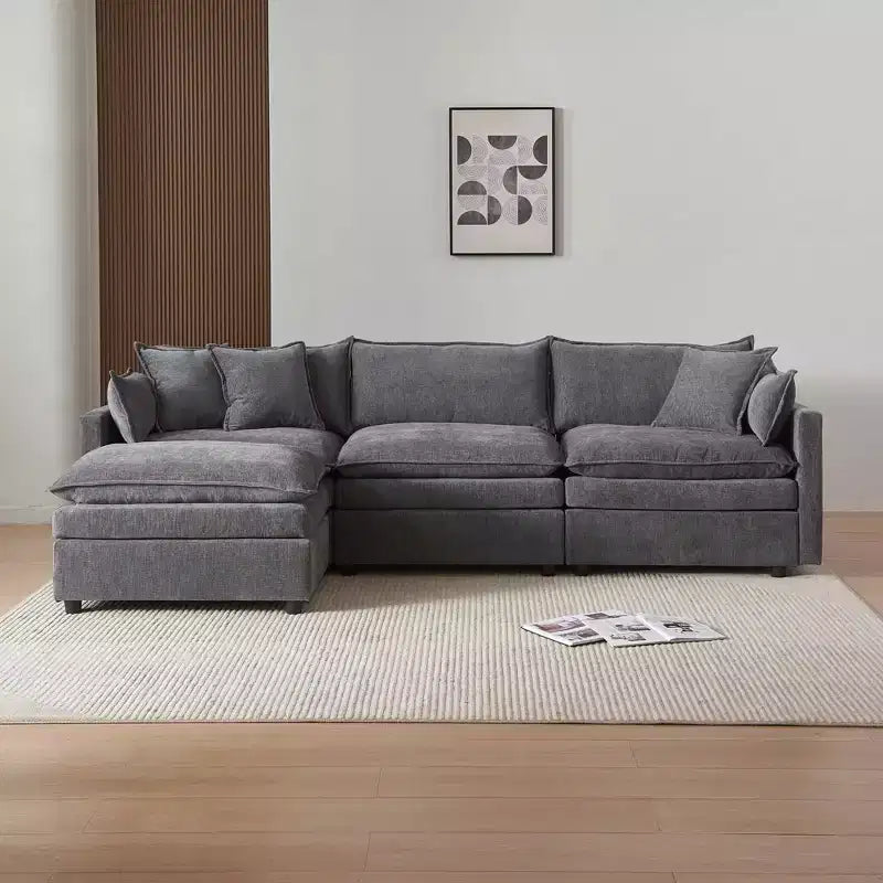 Divano sezionale modulare a L MAYEERTY 108 pollici in ciniglia beige con pouf per soggiorno