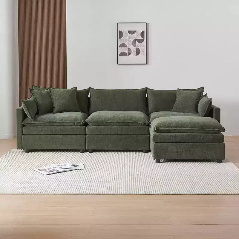 Divano sezionale modulare a L MAYEERTY 108 pollici in ciniglia beige con pouf per soggiorno