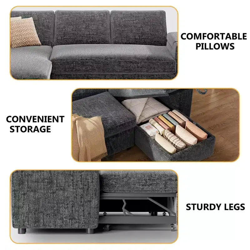 Dyonery Divano Letto, 82 Pollici Divano Estraibile con Schienale Reclinabile/Chaise Longue Reversibile con Contenitore, Divano a L 3 in 1, Montaggio Senza Attrezzi