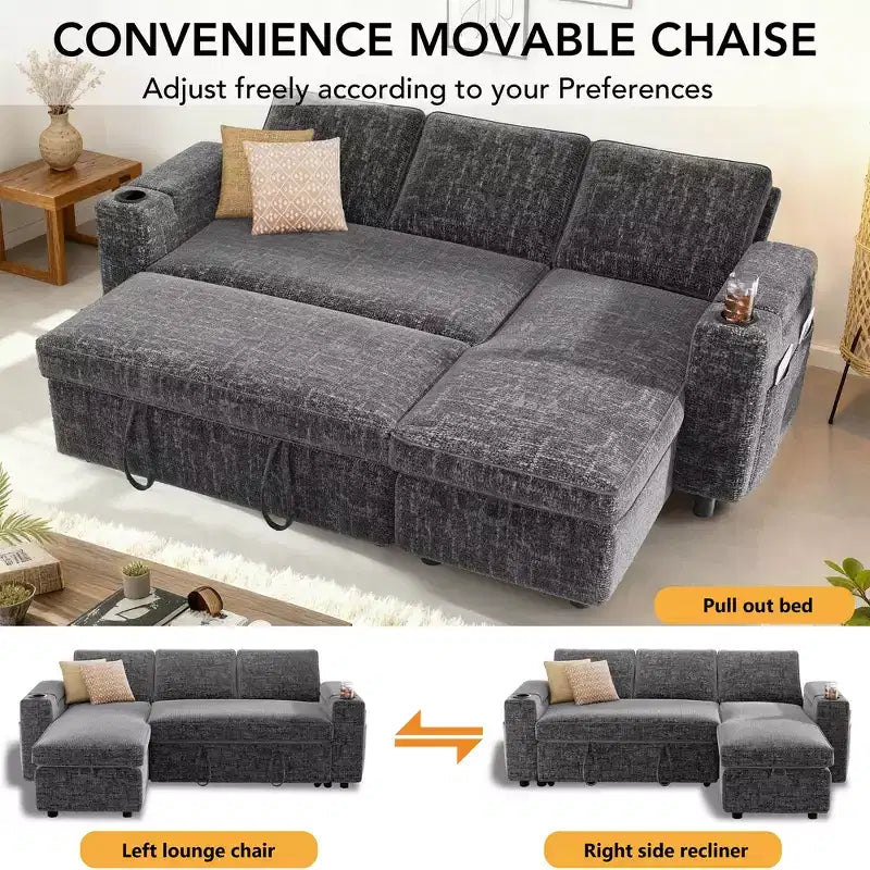 Dyonery Divano Letto, 82 Pollici Divano Estraibile con Schienale Reclinabile/Chaise Longue Reversibile con Contenitore, Divano a L 3 in 1, Montaggio Senza Attrezzi