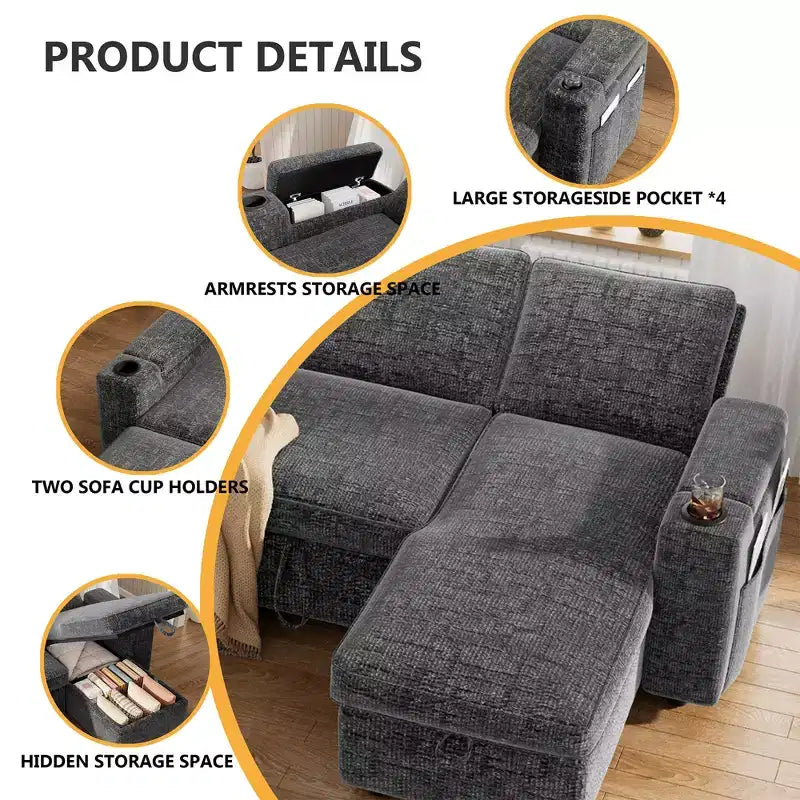 Dyonery Divano Letto, 82 Pollici Divano Estraibile con Schienale Reclinabile/Chaise Longue Reversibile con Contenitore, Divano a L 3 in 1, Montaggio Senza Attrezzi