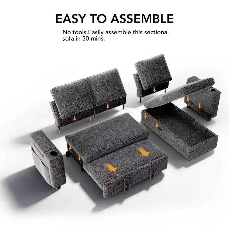 Dyonery Divano Letto, 82 Pollici Divano Estraibile con Schienale Reclinabile/Chaise Longue Reversibile con Contenitore, Divano a L 3 in 1, Montaggio Senza Attrezzi