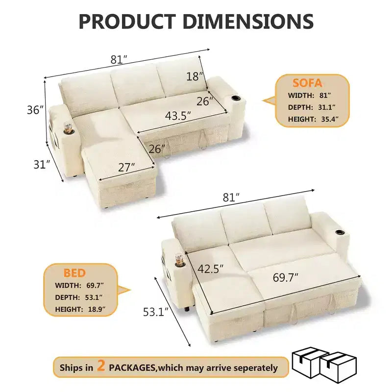 Dyonery Divano Letto, 82 Pollici Divano Estraibile con Schienale Reclinabile/Chaise Longue Reversibile con Contenitore, Divano a L 3 in 1, Montaggio Senza Attrezzi