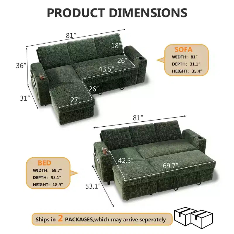 Dyonery Divano Letto, 82 Pollici Divano Estraibile con Schienale Reclinabile/Chaise Longue Reversibile con Contenitore, Divano a L 3 in 1, Montaggio Senza Attrezzi