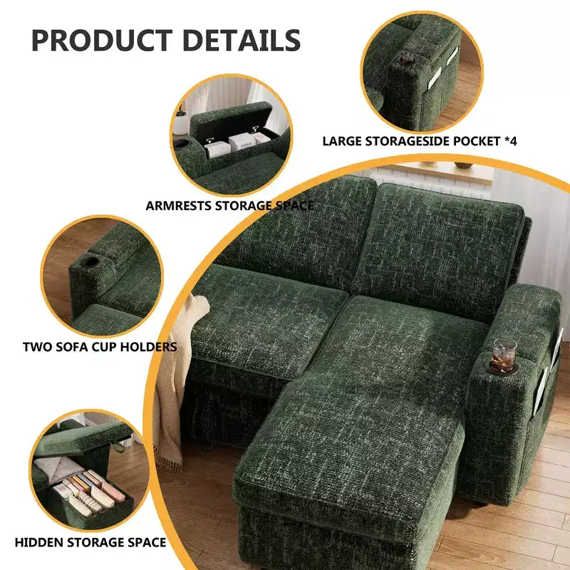 Dyonery Divano Letto, 82 Pollici Divano Estraibile con Schienale Reclinabile/Chaise Longue Reversibile con Contenitore, Divano a L 3 in 1, Montaggio Senza Attrezzi