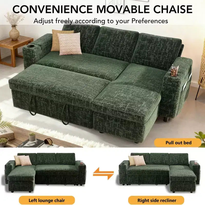 Dyonery Divano Letto, 82 Pollici Divano Estraibile con Schienale Reclinabile/Chaise Longue Reversibile con Contenitore, Divano a L 3 in 1, Montaggio Senza Attrezzi
