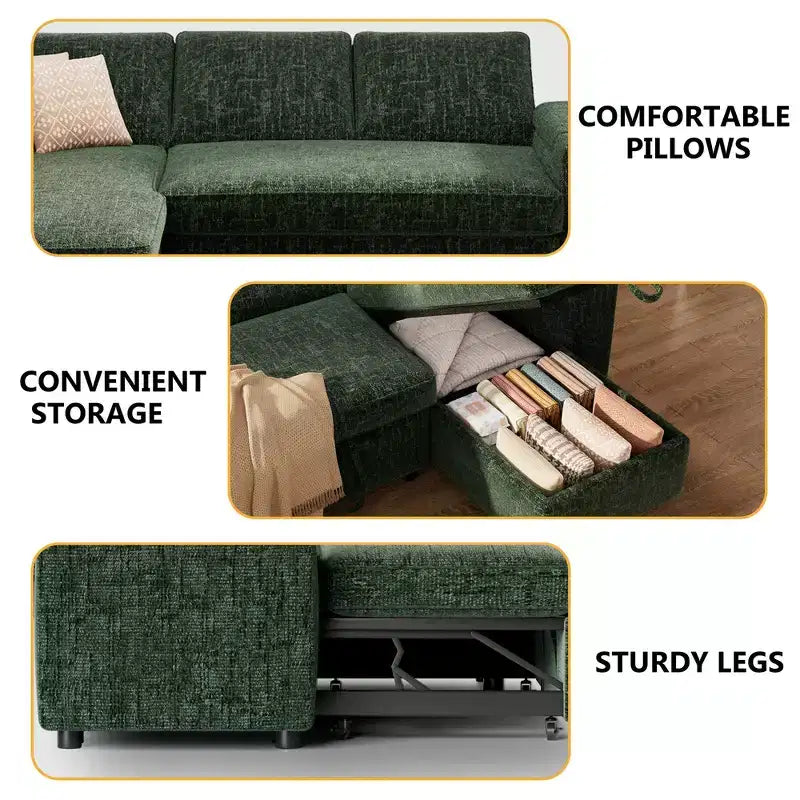 Dyonery Divano Letto, 82 Pollici Divano Estraibile con Schienale Reclinabile/Chaise Longue Reversibile con Contenitore, Divano a L 3 in 1, Montaggio Senza Attrezzi