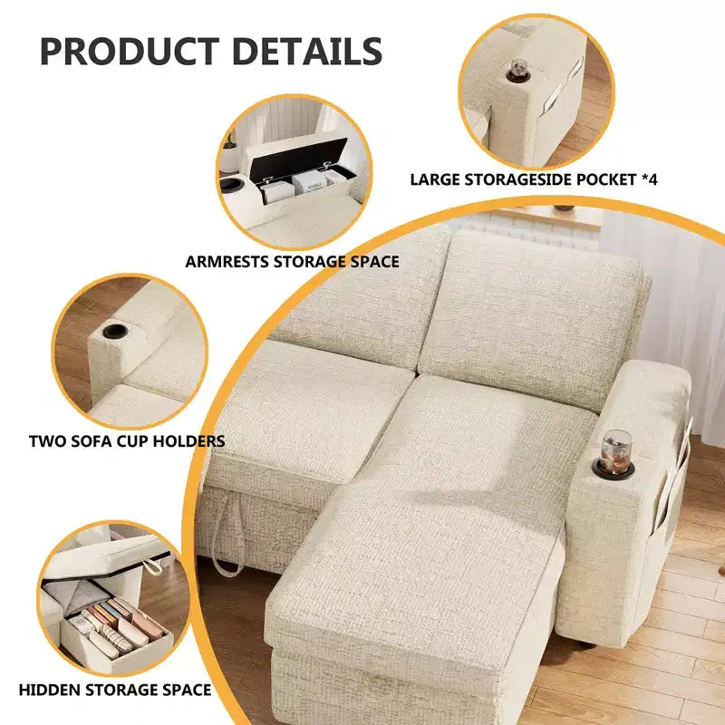 Dyonery Divano Letto, 82 Pollici Divano Estraibile con Schienale Reclinabile/Chaise Longue Reversibile con Contenitore, Divano a L 3 in 1, Montaggio Senza Attrezzi