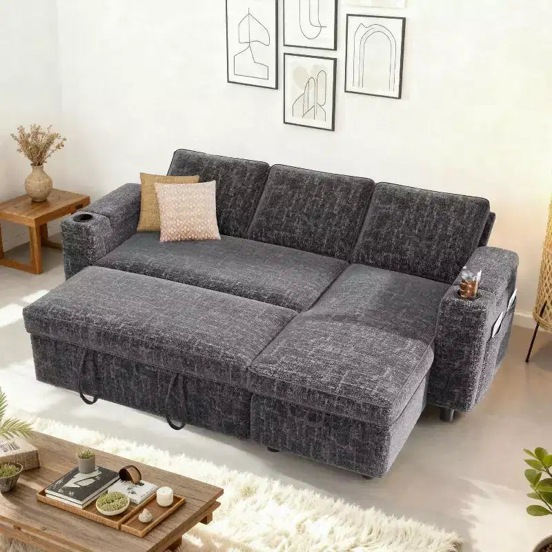 Dyonery Divano Letto, 82 Pollici Divano Estraibile con Schienale Reclinabile/Chaise Longue Reversibile con Contenitore, Divano a L 3 in 1, Montaggio Senza Attrezzi