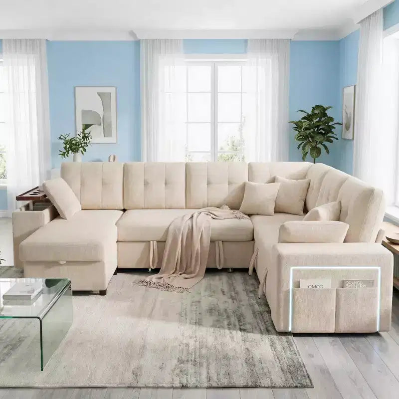 Dyonery 112 Divano Letto Sezionale Modulare Convertibile con Letto Estraibile, Divano Convertibile in Lino con Sedile Contenitore, Divani Sezionali per Soggiorno