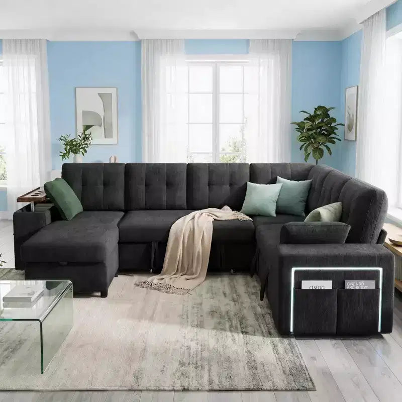 Dyonery 112 Divano Letto Sezionale Modulare Convertibile con Letto Estraibile, Divano Convertibile in Lino con Sedile Contenitore, Divani Sezionali per Soggiorno