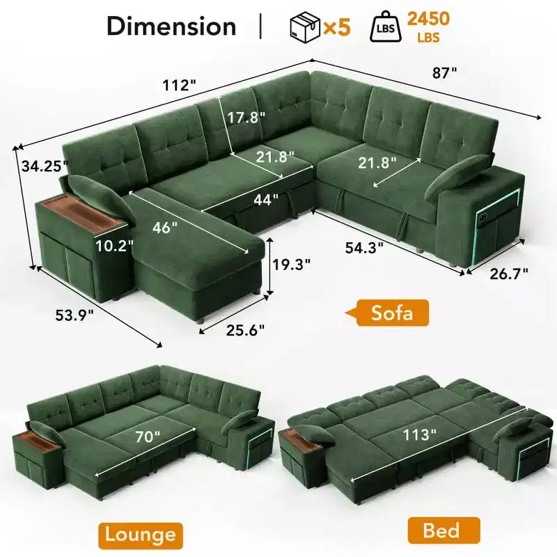 Dyonery 112 Divano Letto Sezionale Modulare Convertibile con Letto Estraibile, Divano Convertibile in Lino con Sedile Contenitore, Divani Sezionali per Soggiorno