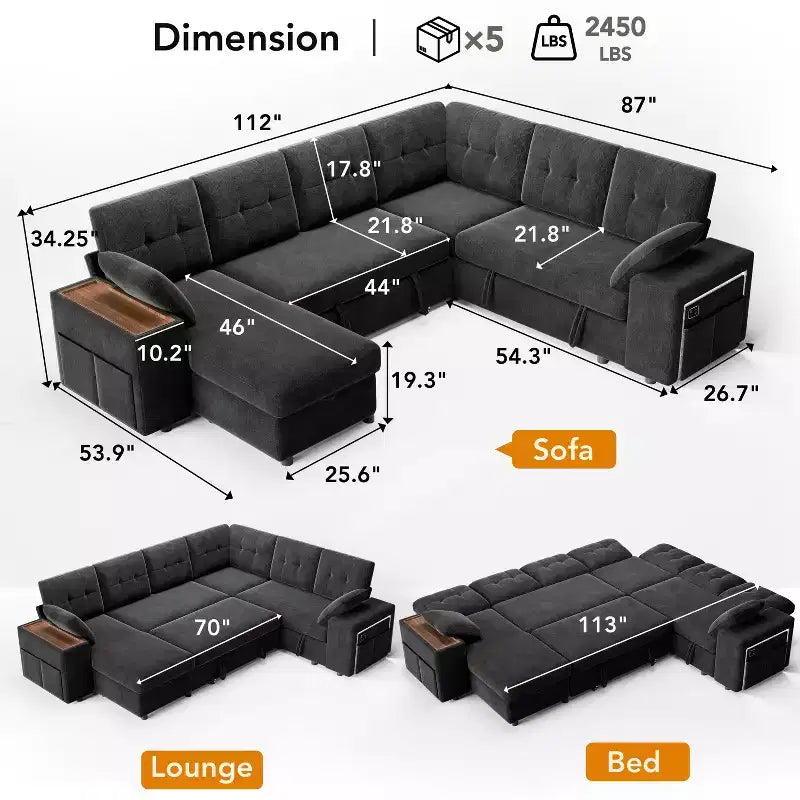Dyonery 112 Divano Letto Sezionale Modulare Convertibile con Letto Estraibile, Divano Convertibile in Lino con Sedile Contenitore, Divani Sezionali per Soggiorno