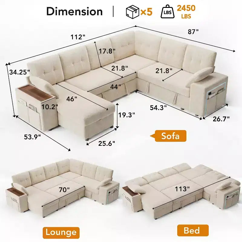Dyonery 112 Divano Letto Sezionale Modulare Convertibile con Letto Estraibile, Divano Convertibile in Lino con Sedile Contenitore, Divani Sezionali per Soggiorno