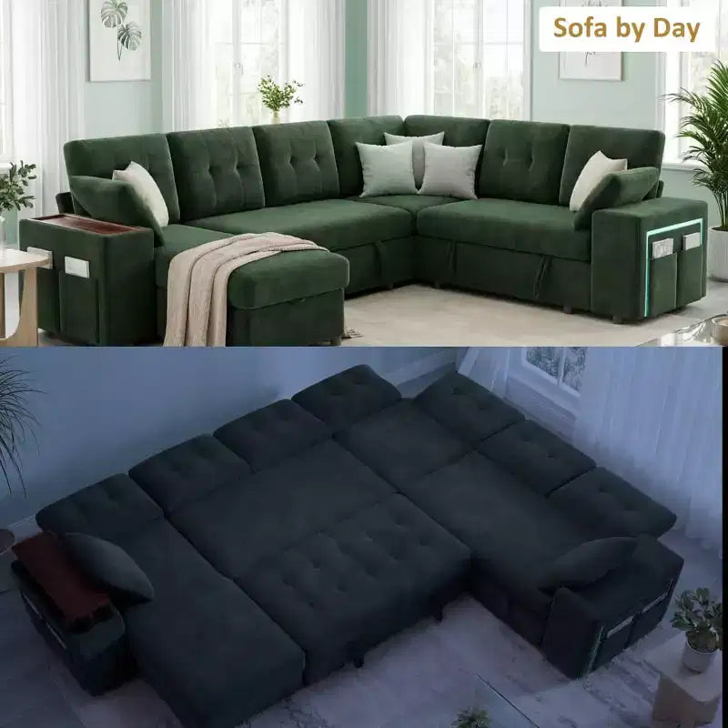 Dyonery 112 Divano Letto Sezionale Modulare Convertibile con Letto Estraibile, Divano Convertibile in Lino con Sedile Contenitore, Divani Sezionali per Soggiorno