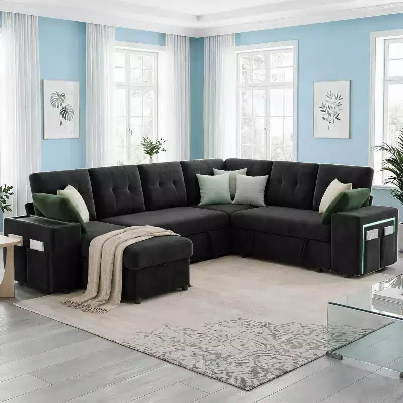 Dyonery 112 Divano Letto Sezionale Modulare Convertibile con Letto Estraibile, Divano Convertibile in Lino con Sedile Contenitore, Divani Sezionali per Soggiorno